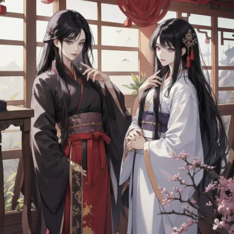 (nonsense, height, Very detailed, HDR), Masterpiece, complicated, best quality, long black hair, Korean Page, purple eyes, Hanfu costumes, interiors with Chinese style details., Detailed characters