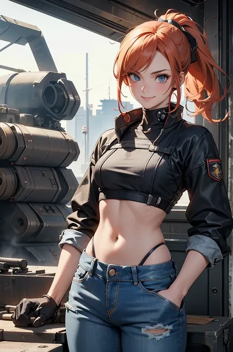 detailed, perfect anatomy, female engineer mechanic girl with goggles holding a wrench, dirty tank top, uniform, working on a mecha , japanese mecha, mecha robot, solo focus, blue eyes, strawberry blonde hair, ponytail, denim jeans, repairing machines, smi...