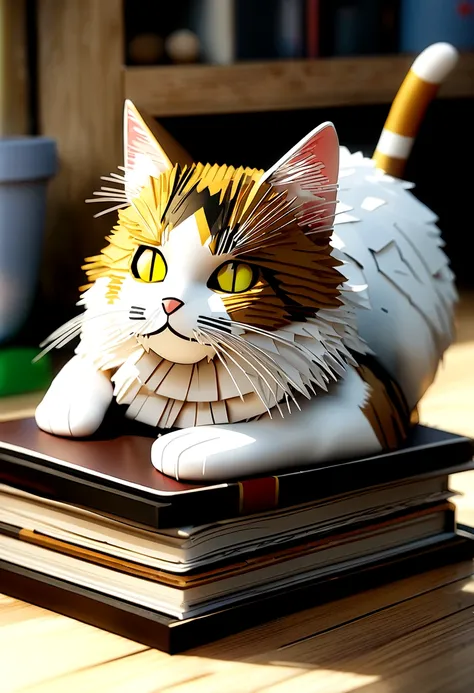 Highest quality、masterpiece、Detailed CG、cute cat、Norwegian Forest Cat、Handwritten style、icon、Yellow-green eyes、Resting on a closed book、3D Art