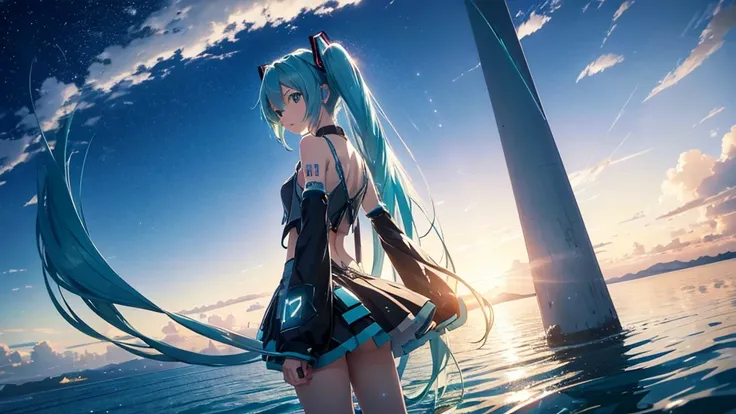 Please draw Hatsune Miku in detail using upscale。The background is just the sky and horizon of an infinite digital world.、Light particles and electronic ripples are the only decoration。Miku&#39;s costume has a simple and modern design.、Her presence stands ...