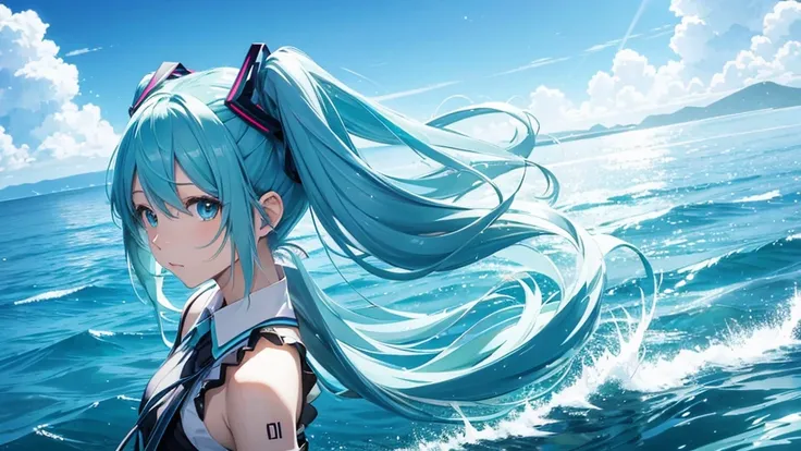 Please draw Hatsune Miku in detail using upscale。The background is just the sky and horizon of an infinite digital world.、Light particles and electronic ripples are the only decoration。Miku&#39;s costume has a simple and modern design.、Her presence stands ...