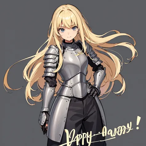 (((Solo)))、Highest quality, Best Quality、(((Gray simple armor、Black trousers))、(woman、18-year-old)、(Blonde、Long Hair)、(Cowboy Shot)、(Simple Background)、(be happy、happy)