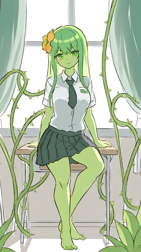 1girl,20s,adult,madure female,, alraune, white shirt,short sleeves,black standard tie,black school skirt,green hair,long hairmflower, vines on body, full body, classroom,(greenskin)