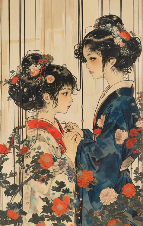 japanese line art    , two school girls in a garden tying each other up with chains and rope, knots, bdsm , floral damask background ,  in the style of  takato yamamoto   