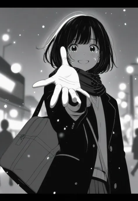 masterpiece, best quality, 1girl, mamerakkkkko, grayscale, manga style, japanese, chi no wadachi, black eyes, street, iced, blac...