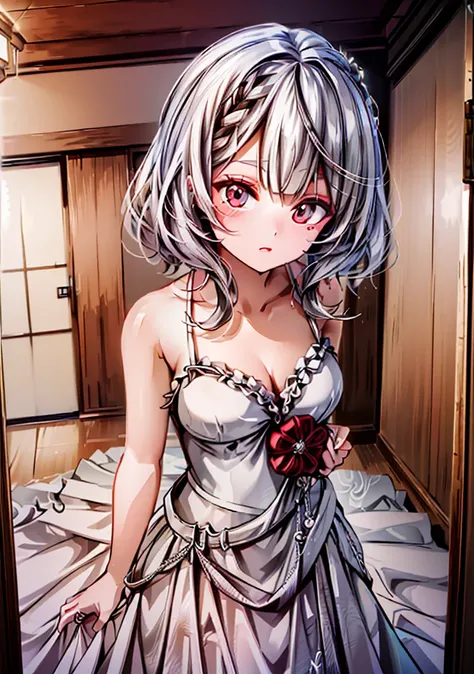 (Ultra-high resolution,masterpiece, Attention to detail, Highest quality), 4K,(Silver Hair,short),(Blessed,Captivating body、Ultra-detailed skin、Beautiful Eyes、Detailed Background),One girl、(Wedding dress、Embarrassing:1.3),Wedding hall
