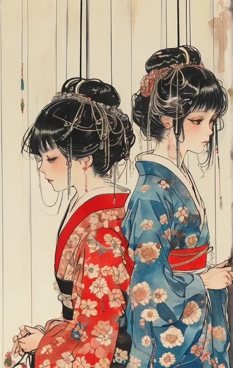 japanese line art    , two school girls in a garden tying each other up with chains and rope, knots, bdsm , floral damask background ,  in the style of  takato yamamoto   