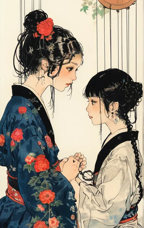 japanese line art    , two school girls in a garden tying each other up with chains and rope, knots, bdsm , floral damask background ,  in the style of  takato yamamoto   