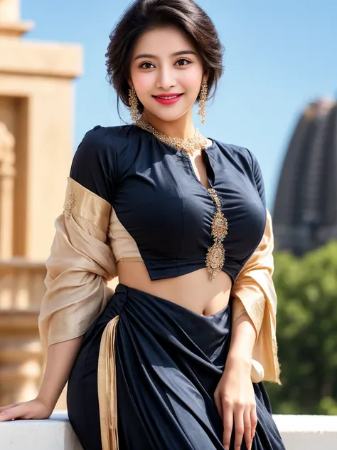 A young realistic woman adorned in very elegant traditional Indian attire, cute and sexy face, very very enormous breasts(tits), sexy body type, sexy outfit, sexy smile.. (realistic perfect face))