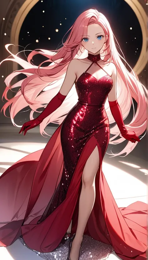 woman, pink hair, long hair, open forehead, no bangs, blue eyes, red dress, long dress, thigh-high neckline, sequined dress, gloves, red gloves 