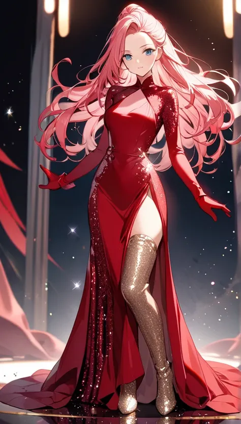 woman, pink hair, long hair, open forehead, no bangs, blue eyes, red dress, long dress, thigh-high neckline, sequined dress, gloves, red gloves 