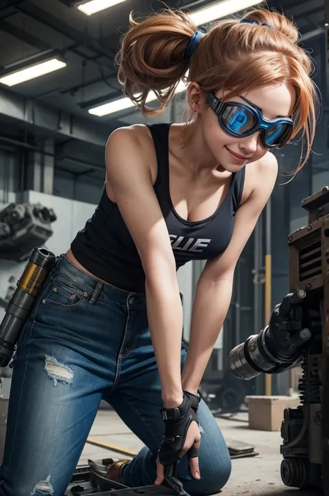 detailed, perfect anatomy, female engineer mechanic girl with goggles crouching down, dirty tank top, uniform, working on a mecha , japanese mecha, mecha robot, solo focus, blue eyes, strawberry blonde hair, ponytail, denim jeans, repairing machines, smili...