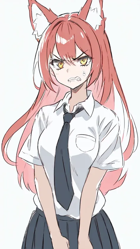 1girl ,20s,angry face,white shirt,short sleeves,(black standard tie),white school skirt,(red hair),long hair,fox ears