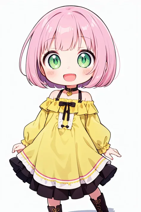 chibi, flat color, solo, full body, cute, (highest quality), pink Hair, lime green Eyes, bob cut, ((wavy hair)), off shoulder, Beautiful Eyes, A big smile, A bright and curious personality, Mood makers, Cheerful, open mouth, (yellow Sleep dress), white bac...