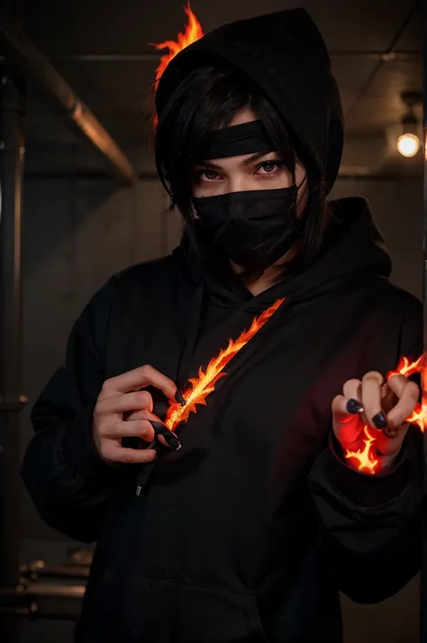 Make an anime boy with a black hoodie wearing a black mask and a red flame on his right hand with a red left eye

