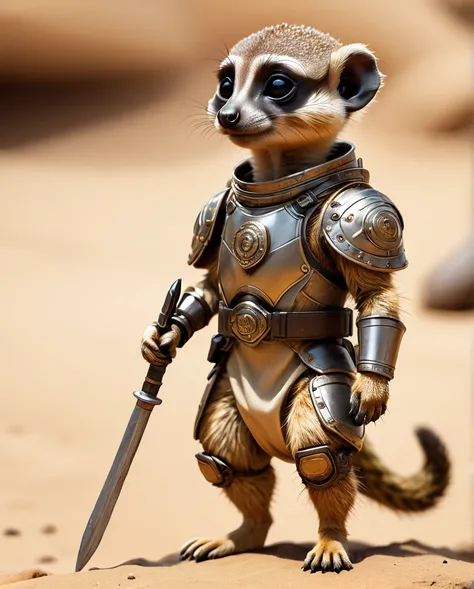 Meerkat Baby Warrior　Wearing armor　high detail　Full Body Shot　Looking this way　