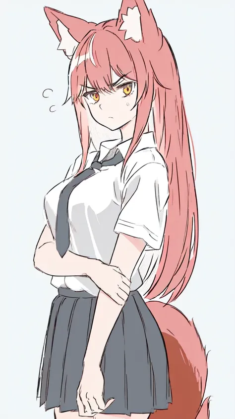 1girl ,20s,adult,serious face,white shirt,short sleeves,(black standard tie),white school skirt,(red hair),long hair,fox ears