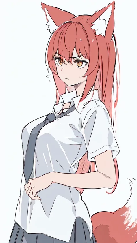 1girl ,20s,adult,serious face,white shirt,short sleeves,(black standard tie),white school skirt,(red hair),long hair,fox ears