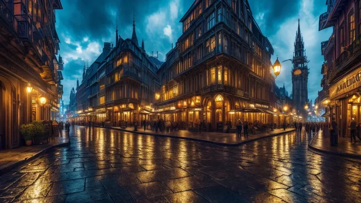 A majestic medieval city, stunning Gothic architecture, cobblestone streets, towering spires, ornate cathedrals, bustling marketplace, rich tapestries, ornate furnishings, glowing lanterns, moody atmosphere, intricate stained glass windows, dramatic lighti...