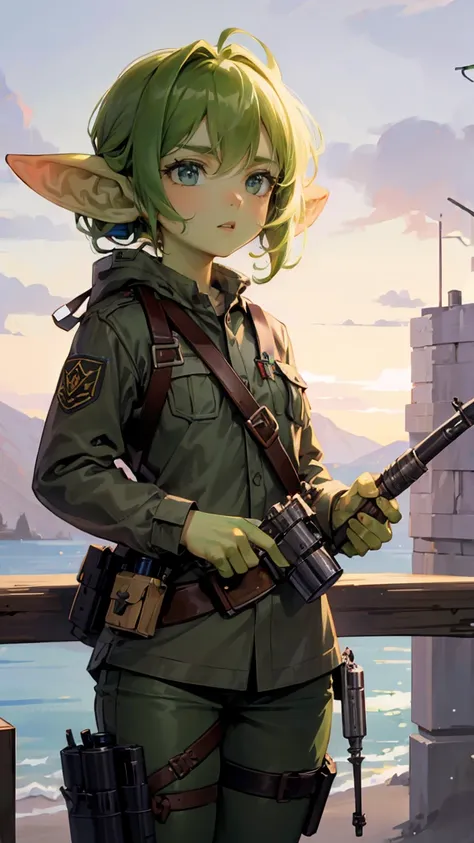 ((best quality)), ((masterpiece)), (detailed), goblin girl, (green skin), shortstack, wearing military gear, holding grenades, manic, pyromaniac