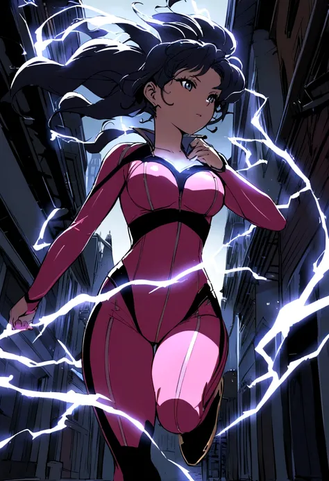 Flash girl correndo, flash female version running through the city while releasing lightning, flash girl releasing several rays wherever she goes