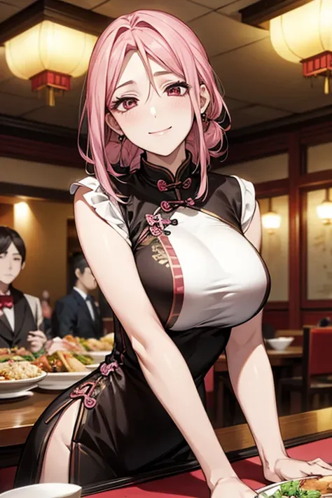 highest quality,masterpiece,8k,china dress,big breasts,best style,droopy eyes,smile,pink hair,chinese restaurant,waiter