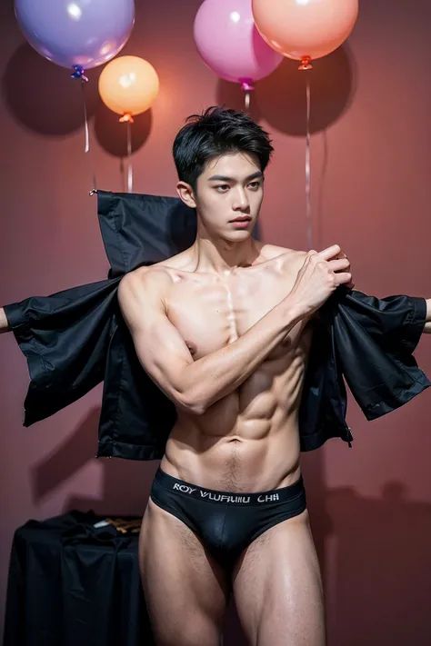 15-year-old Asian boy, He stood with his legs spread out around him. big violet balloons, wearing a tight violet Calvin Klein mens underwear and curved legs., shirtless, abs, thin body, slim body, skinny body, handsome, teenager, young boy, youthful, boyis...