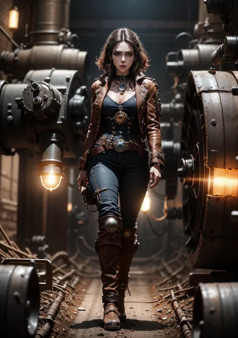 a beautiful steampunk woman, full body shot, in a mine extracting minerals with large steampunk machinery, steampunk, cinematic lighting, highly detailed, 8k, photorealistic, dramatic composition, intricate steampunk design, glowing machinery, rugged and i...