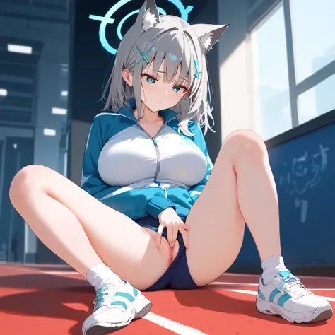 score_9, score_8_up, score_7_up, score_6_up, score_5_up, score_4_up, source_anime, screenshots, 
shiroko-gym, shiroko (blue archive),blue eyes,grey hair,hairclip,animal ears,Halation,track jacket,buruma,white socks,sneakers,
 Erotic　Pussy　Big Breasts　Mastu...