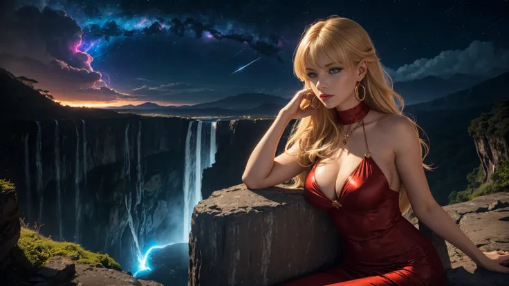 In an 8k resolution photo, a stunning Transylvanian woman with a perfect physique, blonde hair flowing down her back like a river of gold and piercing blue eyes takes center stage at the edge of a huge waterfall overlooking the  valley.  Her features are a...