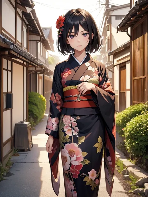 Mikasa, 1girl, wearing a kimono, long japan kimono with flowers art, at a Japan village, black short hair, 8k, high detailed, high quality
