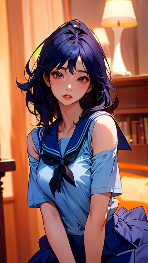 1 Girl,Solitary,(Short-sleeved JK_sailor),JK_style,(Dark blue JK_skirt),(bowJK_tie),(Inside the library:1.2),Practical,whole body,Black Hair,Long hair,black eyes,Lips,parted Lips,clavicle,Bare shoulders,portrait,nose,best quality,masterpiece,Ultra-high res...