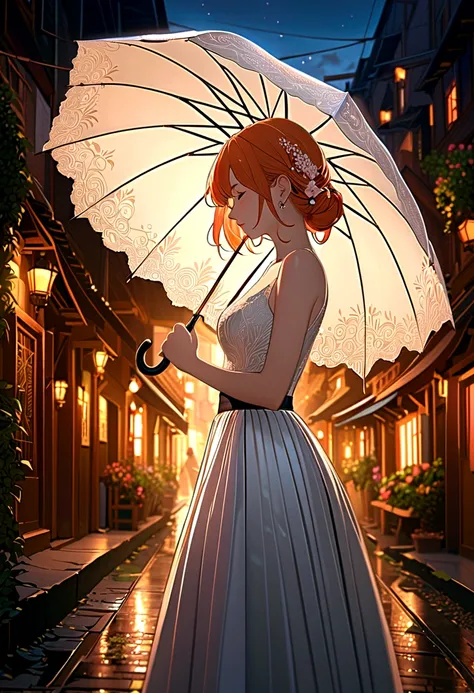 (masterpiece:1.4), (best quality:1.4), fantasy, extremely detailed, complex, hyper detailed, illustration,Soft lighting, 1 Girl, Holding an umbrella, Orange Hair_flower, skirt, bending_Exceed , (perfect_Face), Gorgeous, complex, Dramatic Lighting, 4K, deta...