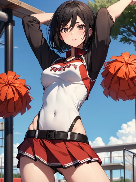 Mikasa, 1girl, as a cheerleader, wearing cheerleader outfit, at a playground , black short hair, 8k, high detailed, high quality
