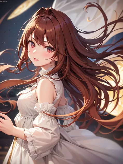 A detailed, high-quality anime girl with long, loose reddish brown hair with white tips and side bangs, reddish brown eyes and a white right eye, slanted cold stare, elegant Victorian era style clothing, skin clear as the moon, 1girl,anime,detailed face,be...