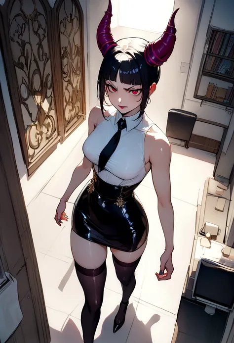 juri han, work of art, tight white secretary shirt with black tie, black high waist skirt, short skirt,stocking, black hair, black tights,office,bangs on the eyes,lighting,horn of hair,view from above,staring overhead,brava,Angry
,evil smile
