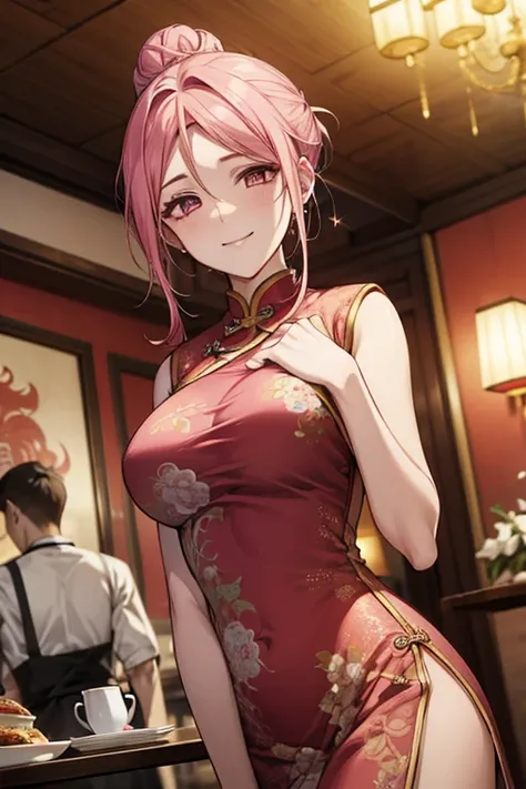 highest quality,masterpiece,8k,china long dress,big breasts,best style,droopy eyes,a sparkling smile,pink hair,hair bun,chinese ...