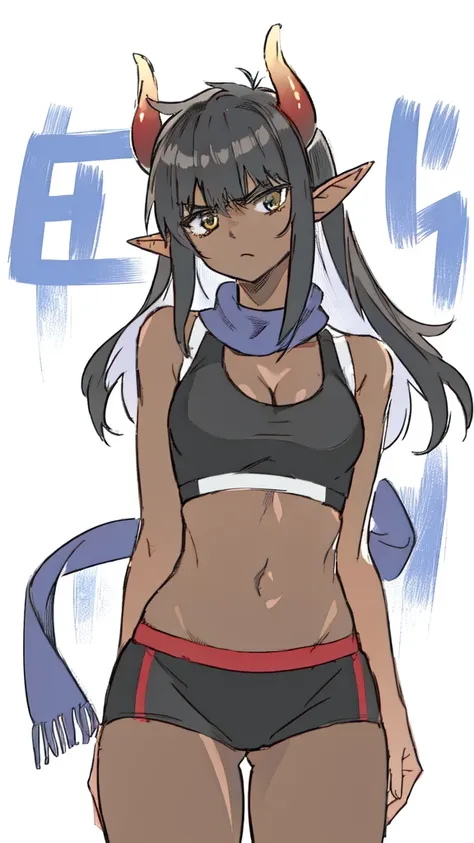 1girl ,25s,adult,serious face,long hair, black hair,horns,elf ears,((black scarf)),cleavage,((dark skin)),(black sports bra, mid...