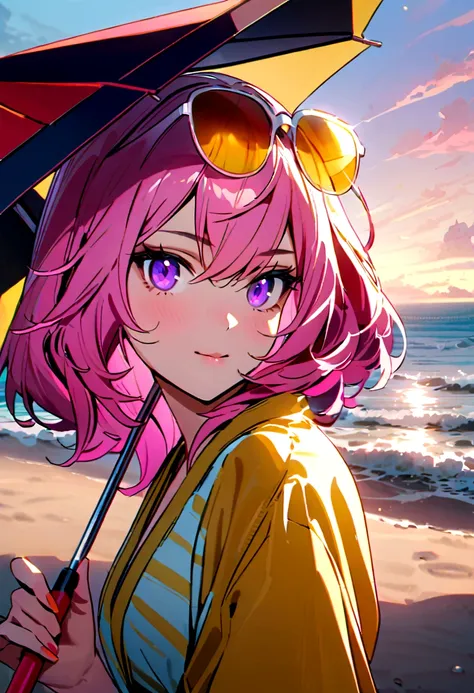 yae miko wearing stylish yellow sunglasses, holding an umbrella, pink hair, purple eyes, beach