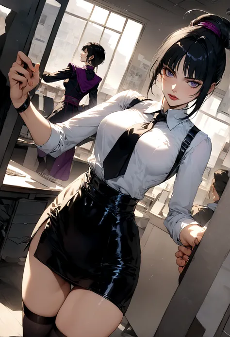 juri han, work of art, tight white secretary shirt with black tie, black high waist skirt, short skirt,stocking, black hair, black tights,office,franja nos olhos,iluminação,chifre de cabelos,visão de cima,olhando para cima,brava,sorriso maligno
