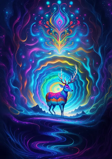 (psychedelic paintings，a deer standing in front of a colorful swirl), ((multiple antlers, stag, big head)), vibrant colors, thic...