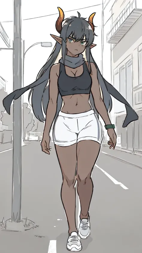 1girl ,25s,adult,serious face,long hair, black hair,horns,elf ears,((black scarf)),cleavage,((dark skin)),(black sports bra, midriff),walking,