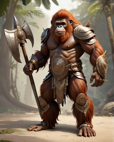 Orangutan  warrior　Wearing armor　high detail　Full Body Shot　Looking this way　