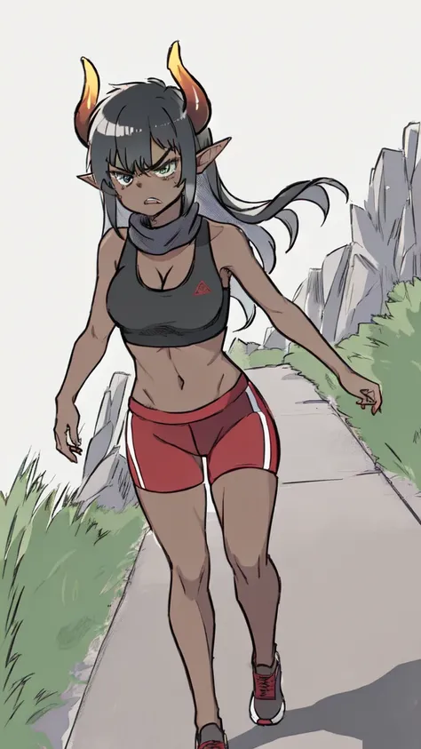 1girl ,25s,adult,angry face,long hair, black hair,horns,elf ears,((black scarf)),cleavage,((dark skin)),(black sports bra, midriff),walking,