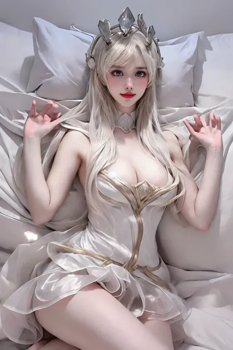 lgtlux, Blonde, crown, White dress, femoral trắng, blush, 18 year old beautiful Korean girl, rạch big breasts, big breasts, spread your legs, armpit, nude, nude, nipple, femoral, bedroom, sleep on bed, wet hair, masterpiece, porn, saggy breasts, long hair,...