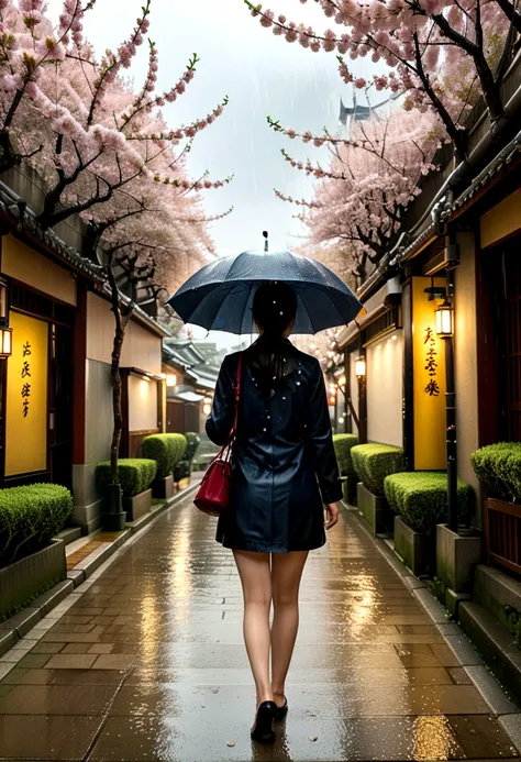 (Umbrella, rain), The scene mainly depicts a girl walking under a cherry blossom tree in the rain, with raindrops falling. The background of the scene is the cherry blossom tree and the path, and the camera is shot from a distance to display the overall pi...