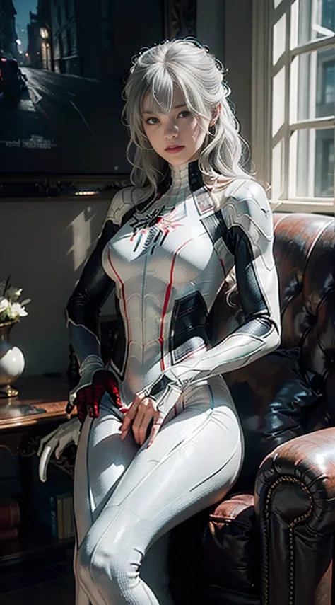 (Extreme Detail CG Unity 8K wallpaper, masterpiece, highest quality), (Exquisite lighting and shadow, highly dramatic picture, Cinematic lens effect), a girl in a white Spider-Man costume, silver gray hair color, from the Spider-Man parallel universe, Weng...