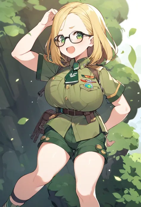 girl, chubby girl, blonde, green eyes, medium length hair, open forehead, no bangs, square-rimmed black glasses, short green shorts, shorts, shirt, green shirt, short sleeves, scout clothing style