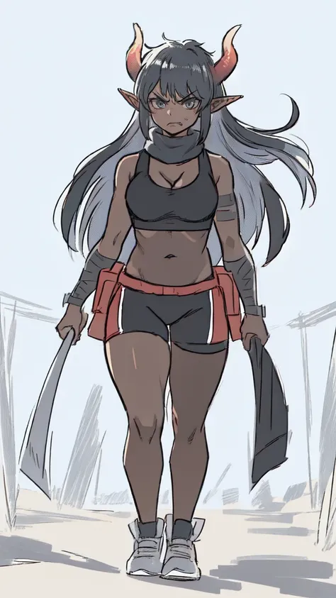 1girl ,25s,adult,tall,angry face,long hair, black hair,horns,elf ears,((black scarf)),cleavage,((dark skin)),(black sports bra, midriff),walking,