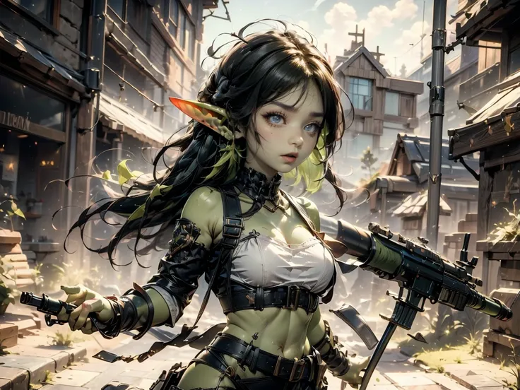 ((best quality)), ((masterpiece)), (detailed), goblin girl, (green skin), shortstack, wearing military gear, holding grenade lau...